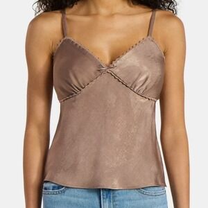 Babydoll Camisole Y2K Vibe Mocha Brown Sz Large Woven Cami Top Lace Trim Bow NWT